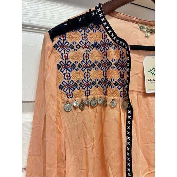 Anandas Collection Peach Embroidered Fringe & Coin Adorned Open Front Kimono sz - Picture 2 of 10